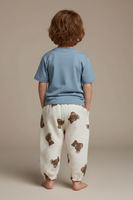 Pantalon Fluide Écru Ample Coton Motif Oursons - Beige - vue 2