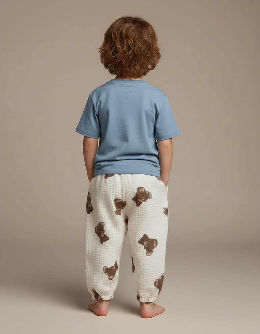 Pantalon Fluide Écru Ample Coton Motif Oursons - Beige - vue 2