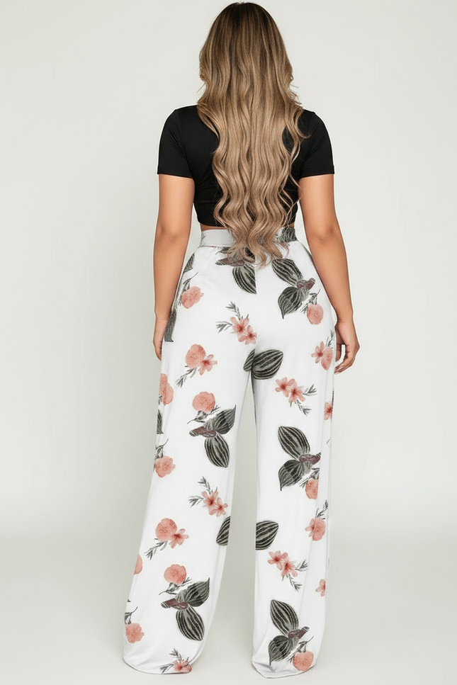 Pantalon Fluide Fleuri Grande Taille - Blanc Viscose - vue 2