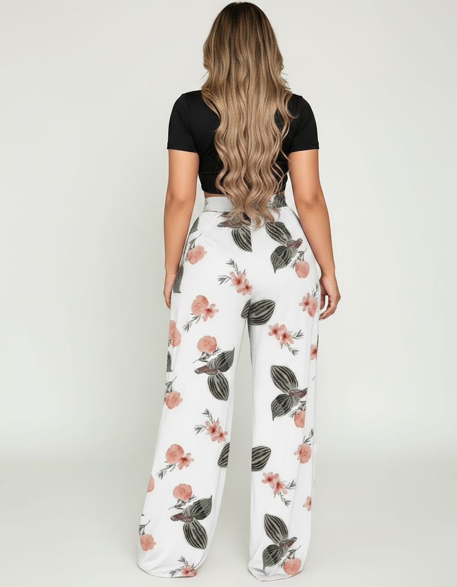 Pantalon Fluide Fleuri Grande Taille - Blanc Viscose - vue 2
