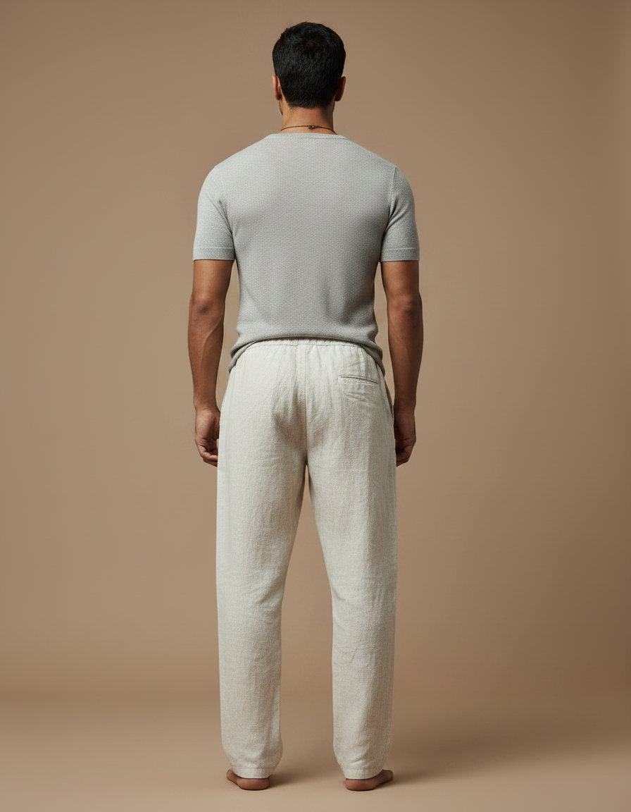 Pantalon Fluide Lin Écru Imprimé Viking Ample Homme - Beige - vue 2