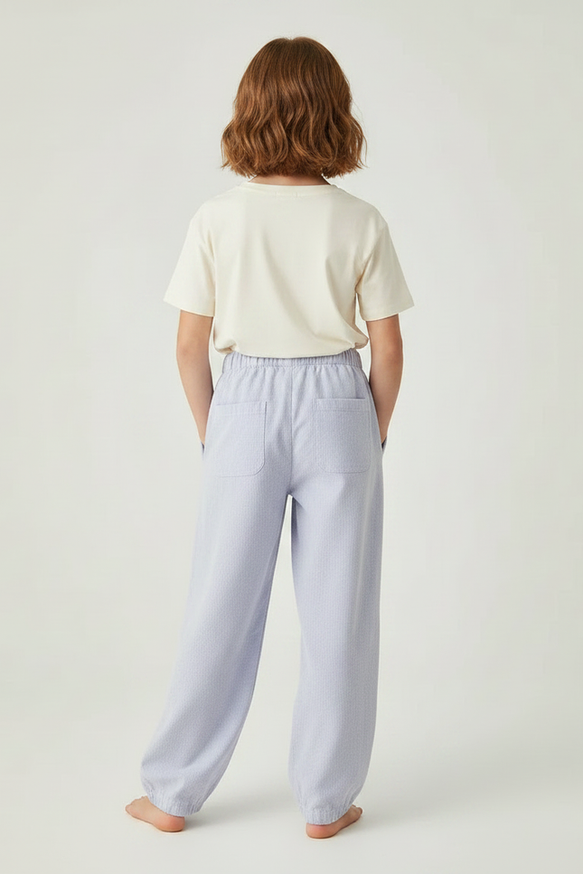 Pantalon Fluide Bleu Ciel Rayé Ample Coton Enfant - vue 2