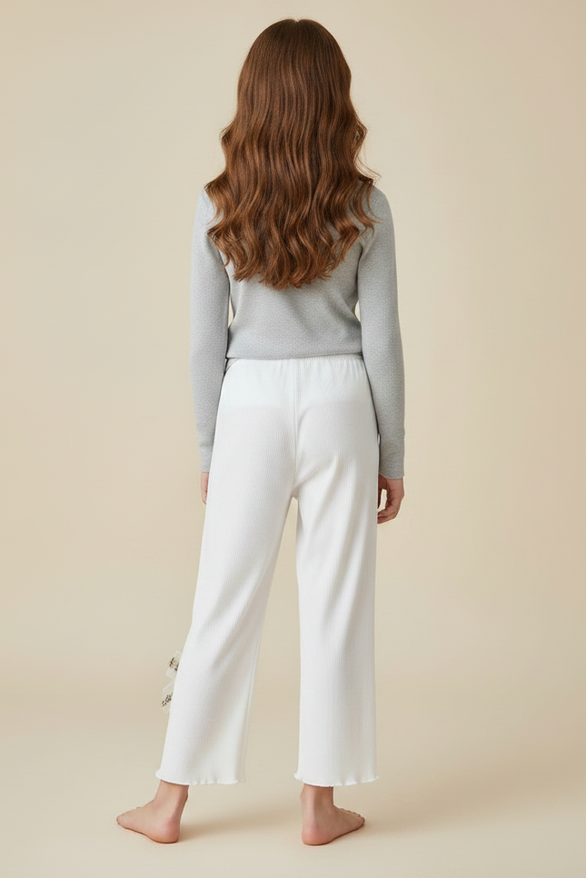 Pantalon Fluide Blanc Côtelé Ample Nœud Fille - Cordé - vue 2