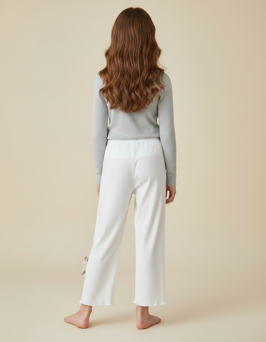 Pantalon Fluide Blanc Côtelé Ample Nœud Fille - Cordé - vue 2