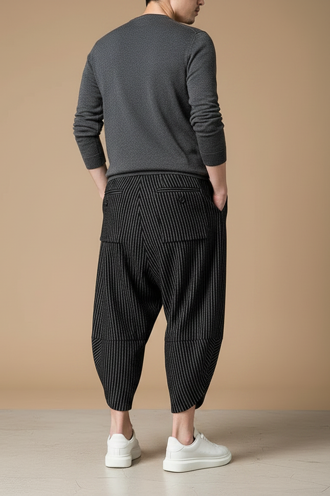 Pantalon Fluide Noir Rayé Ample Harem Coton - vue 2