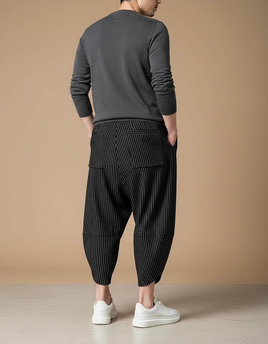 Pantalon Fluide Noir Rayé Ample Harem Coton - vue 2