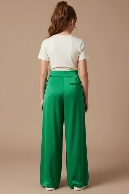 Pantalon Fluide Vert Émeraude Satiné Plissé Large Élégant - vue 2