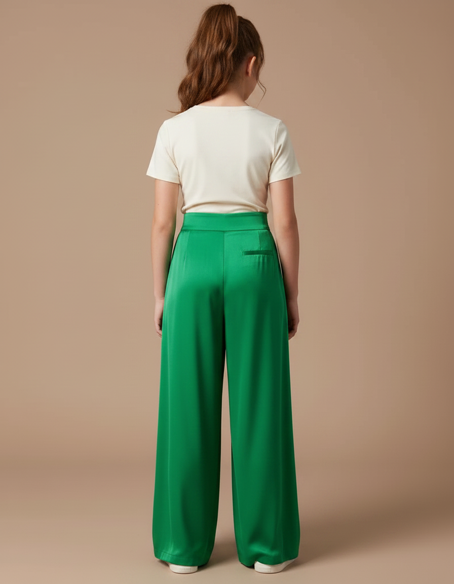 Pantalon Fluide Vert Émeraude Satiné Plissé Large Élégant - vue 2