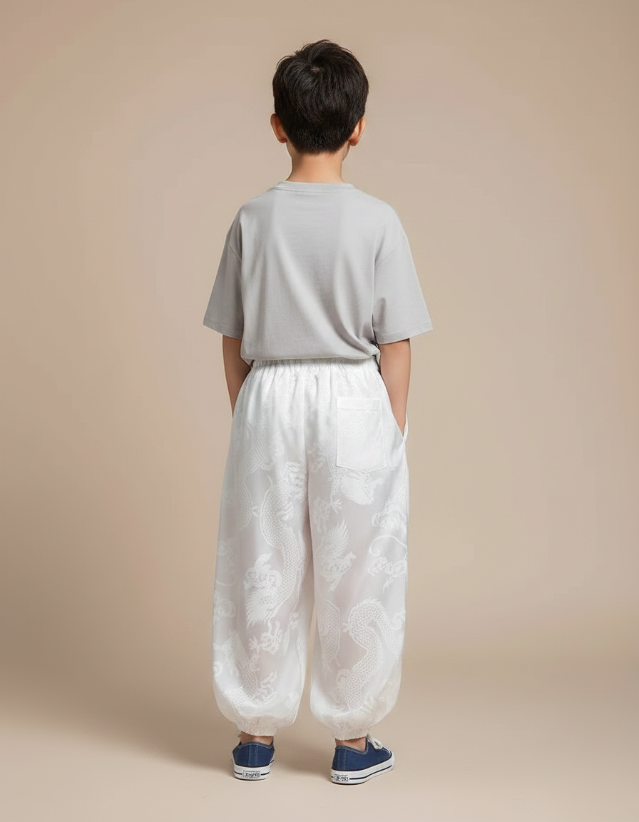 Pantalon Fluide Blanc Ample Satiné Dragon Garçon - vue 2