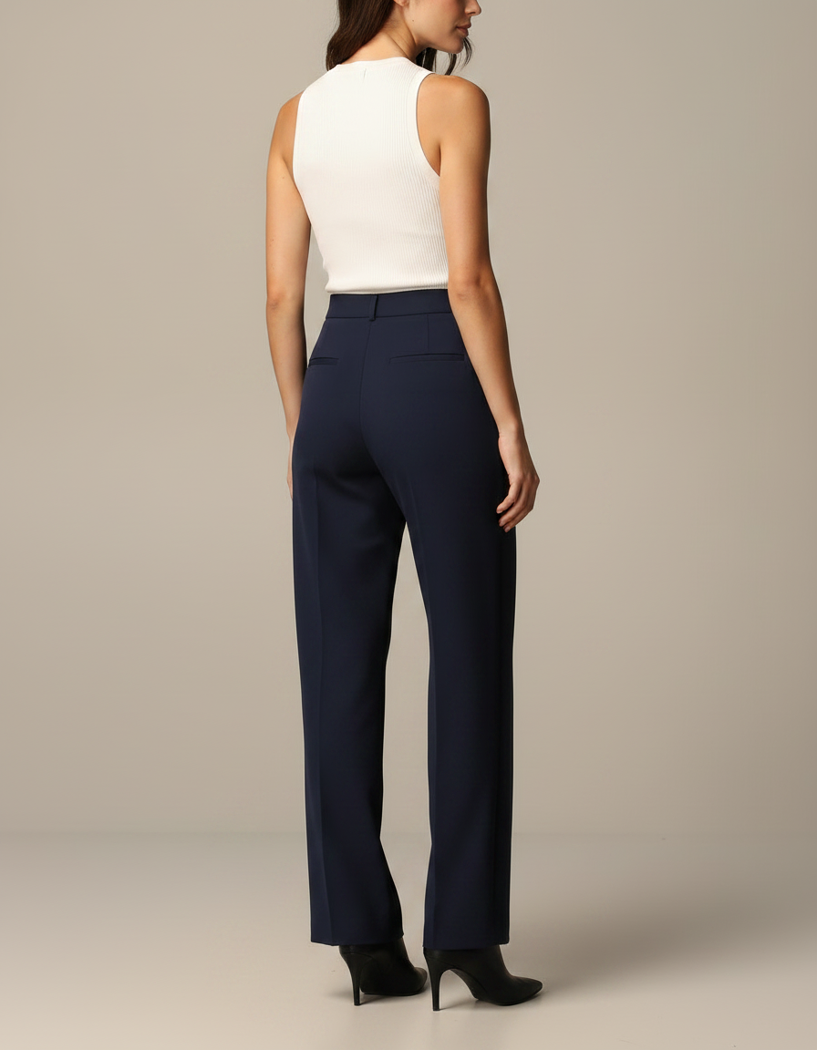 Pantalon Fluide Marine Taille Haute Droit Élégant Femme - Polyester - vue 2