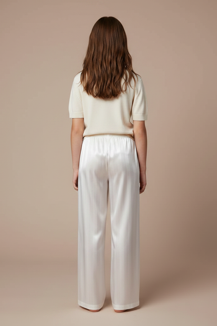 Pantalon Fluide Blanc Rayé Satiné Ample Fille - vue 2