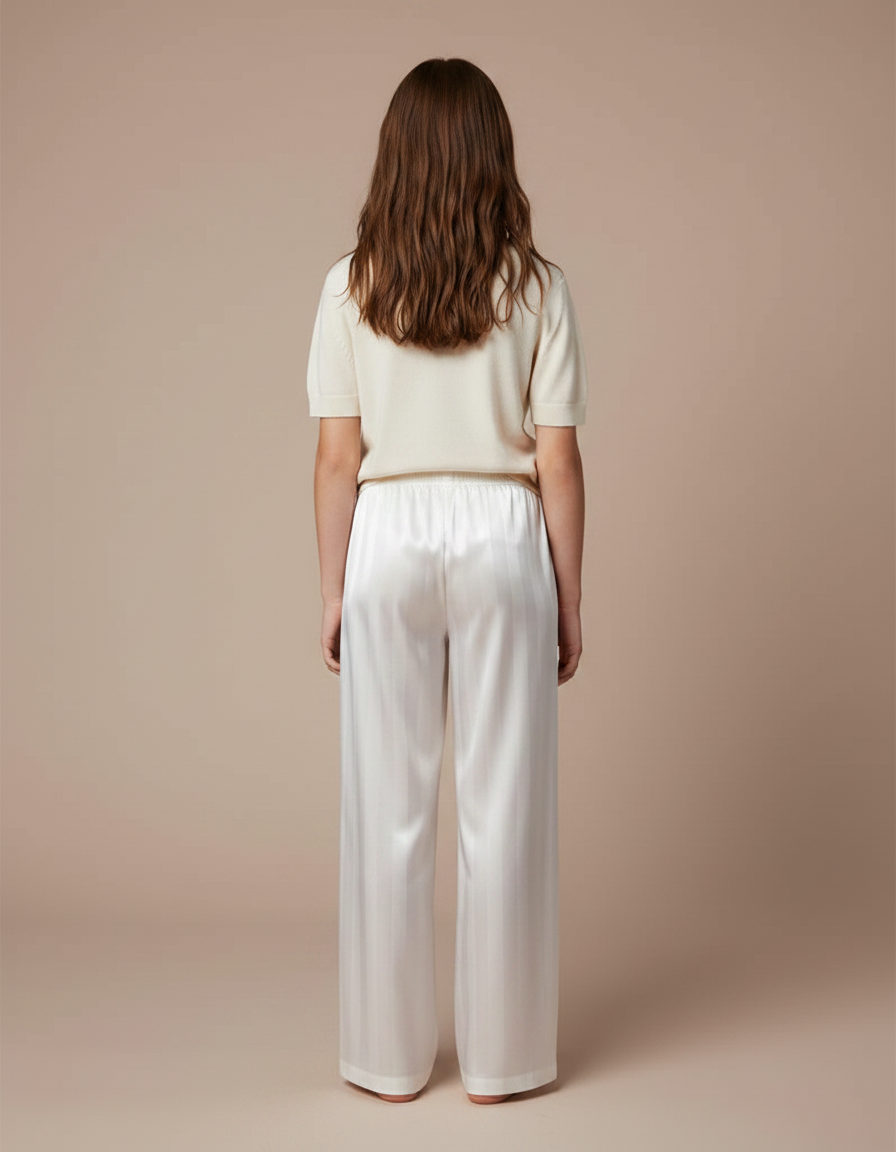 Pantalon Fluide Blanc Rayé Satiné Ample Fille - vue 2