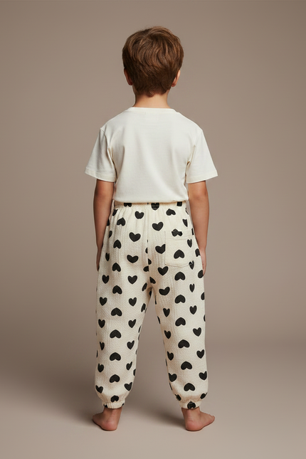 Pantalon Fluide Écru Cœurs Noirs Ample Enfants Coton - Beige - vue 2