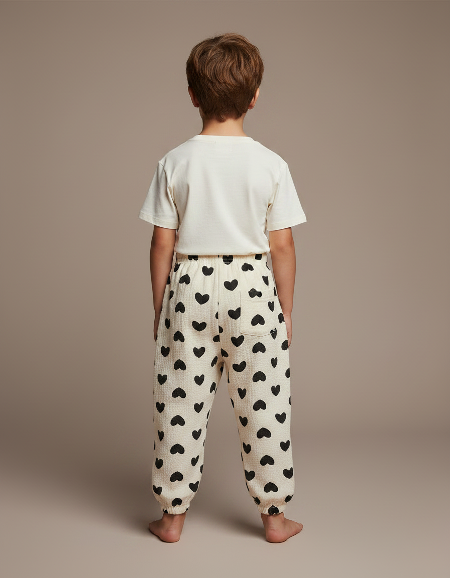 Pantalon Fluide Écru Cœurs Noirs Ample Enfants Coton - Beige - vue 2