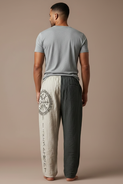 Pantalon Fluide Bicolore Lin Imprimé Totem Ethnique Homme - Multicolore - vue 2