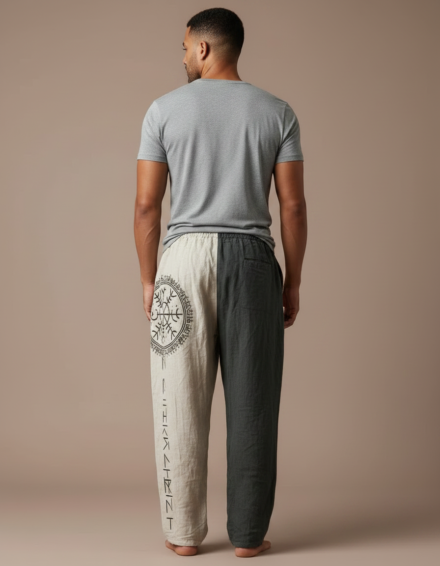 Pantalon Fluide Bicolore Lin Imprimé Totem Ethnique Homme - Multicolore - vue 2