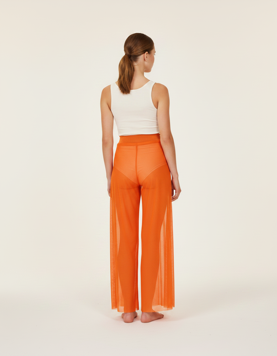 Pantalon Fluide Orange Transparent Fendu Large Élégant - Maille - vue 2