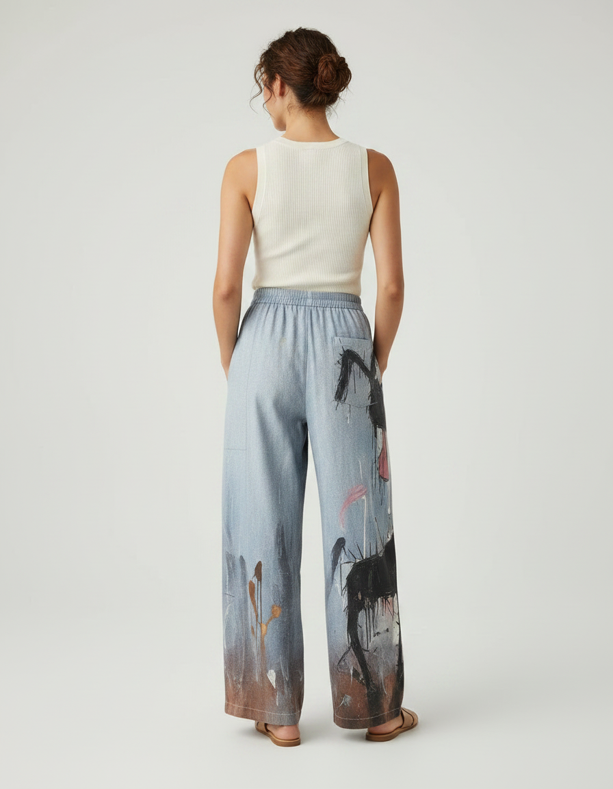 Pantalon Fluide Ample Imprimé Chien Décontracté Casual - Coton - vue 2