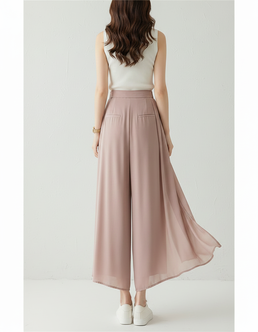 Pantalon Fluide Rose Plissé Gaze Ample Taille Haute - Polyester - vue 2