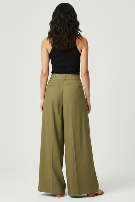 Pantalon Fluide Kaki Ample Lin Plissé Décontracté - vue 2