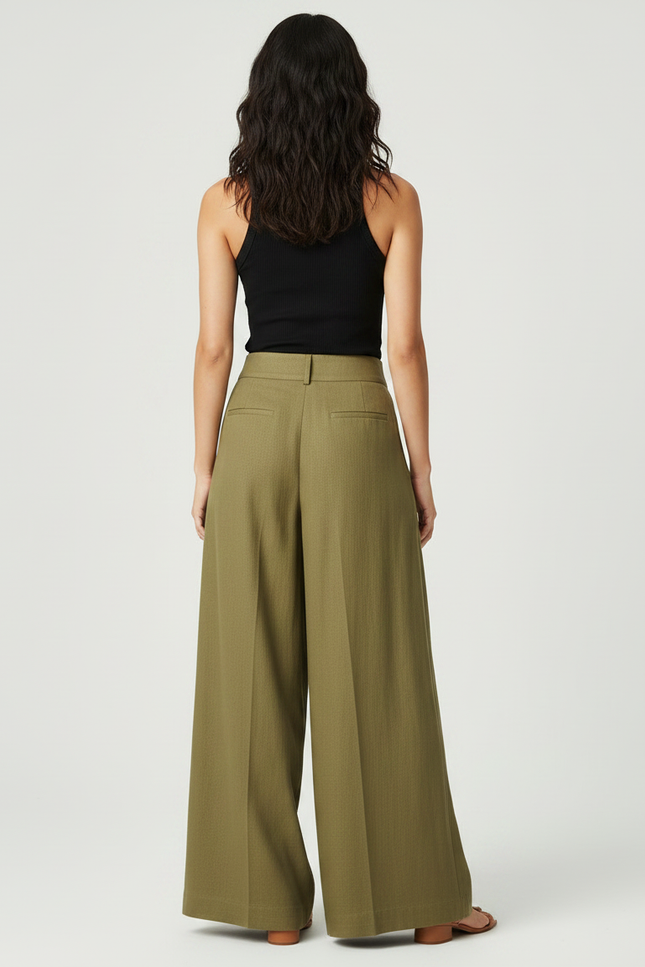Pantalon Fluide Kaki Ample Lin Plissé Décontracté - vue 2