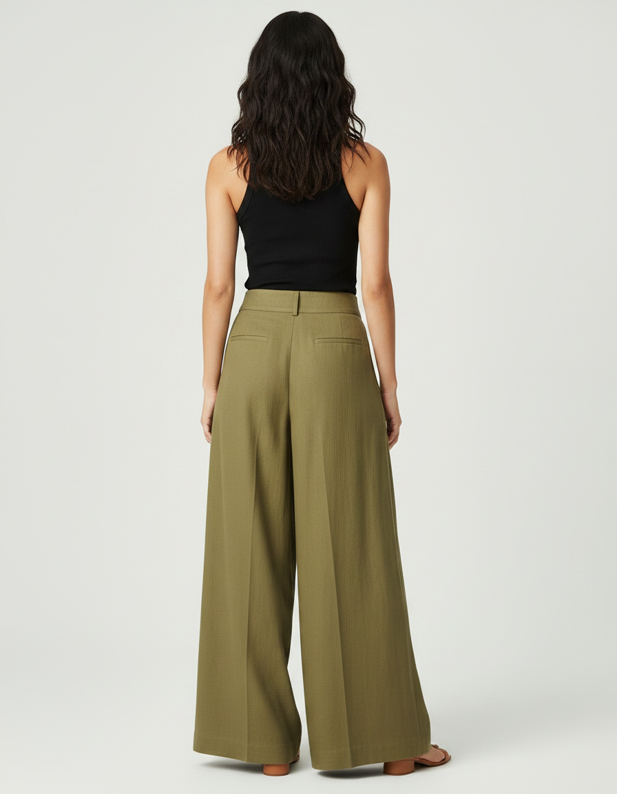 Pantalon Fluide Kaki Ample Lin Plissé Décontracté - vue 2