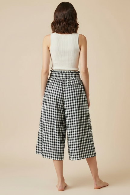 Pantalon Fluide Carreaux Vichy Noir Blanc Ample Cordon - Multicolore Viscose - vue 2