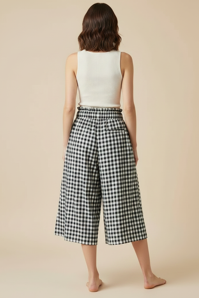 Pantalon Fluide Carreaux Vichy Noir Blanc Ample Cordon - Multicolore Viscose - vue 2