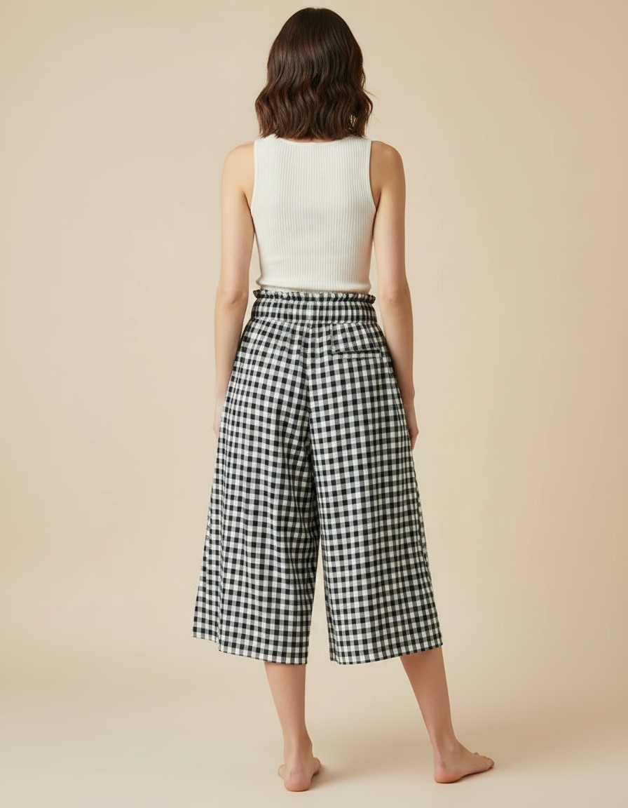Pantalon Fluide Carreaux Vichy Noir Blanc Ample Cordon - Multicolore Viscose - vue 2