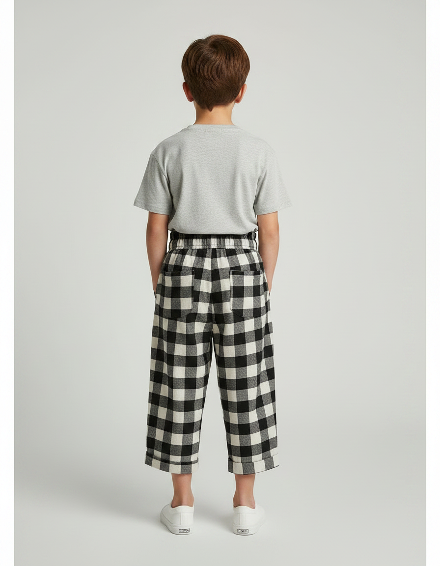 Pantalon Fluide Carreaux Noir Blanc Ample Coton Enfant - Imprimé - vue 2