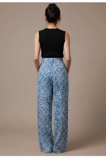 Pantalon Fluide Bleu Floral Ample Plissé Femme - Viscose - vue 2