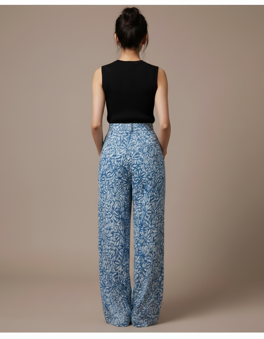 Pantalon Fluide Bleu Floral Ample Plissé Femme - Viscose - vue 2