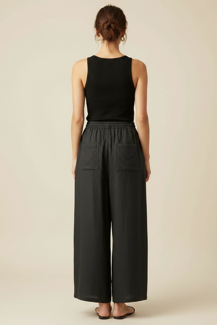 Pantalon Fluide Noir Ample Cordon Lin Décontracté - vue 2