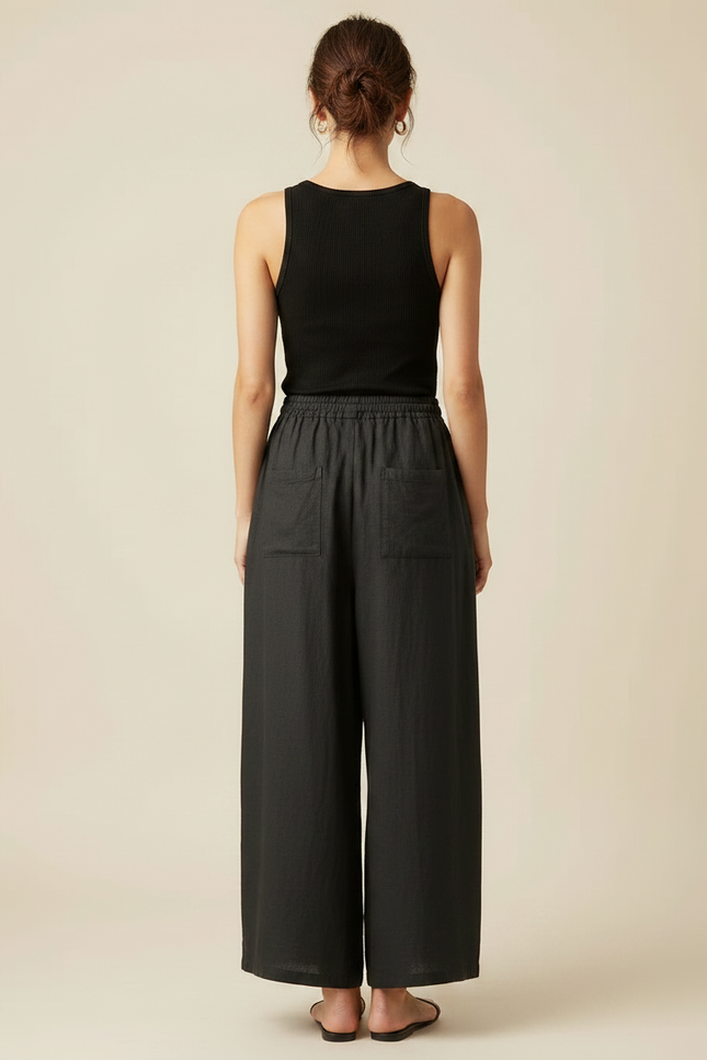 Pantalon Fluide Noir Ample Cordon Lin Décontracté - vue 2