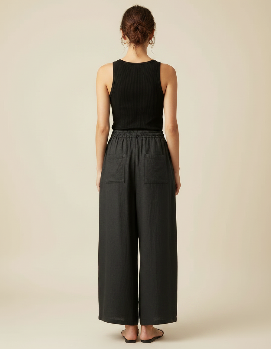 Pantalon Fluide Noir Ample Cordon Lin Décontracté - vue 2