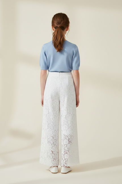 Pantalon Fluide Dentelle Blanc Ample Fille Élégant - Maille - vue 2