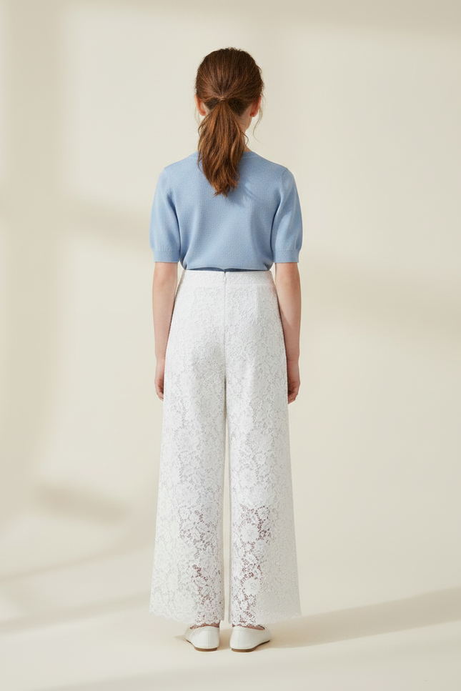 Pantalon Fluide Dentelle Blanc Ample Fille Élégant - Maille - vue 2