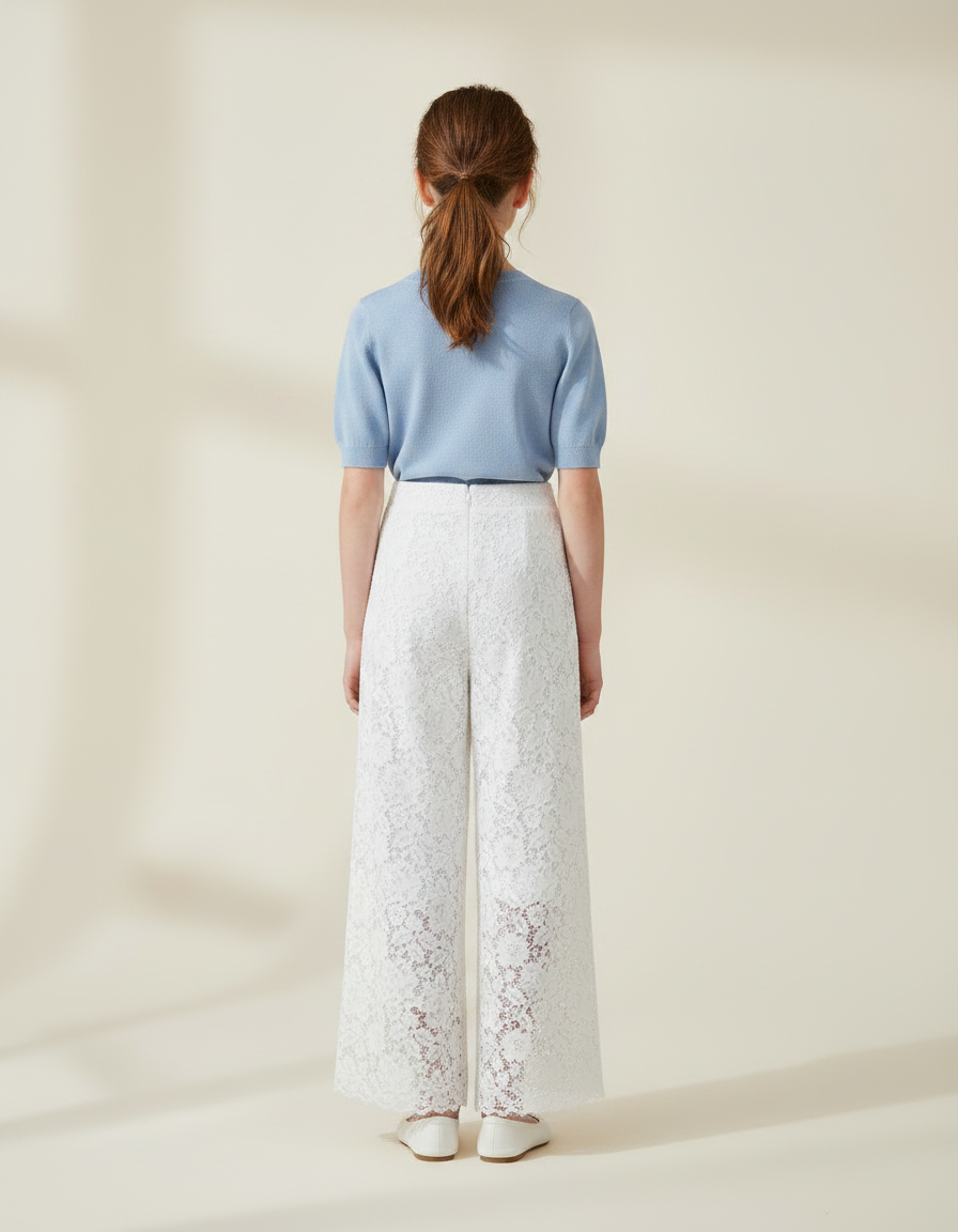 Pantalon Fluide Dentelle Blanc Ample Fille Élégant - Maille - vue 2