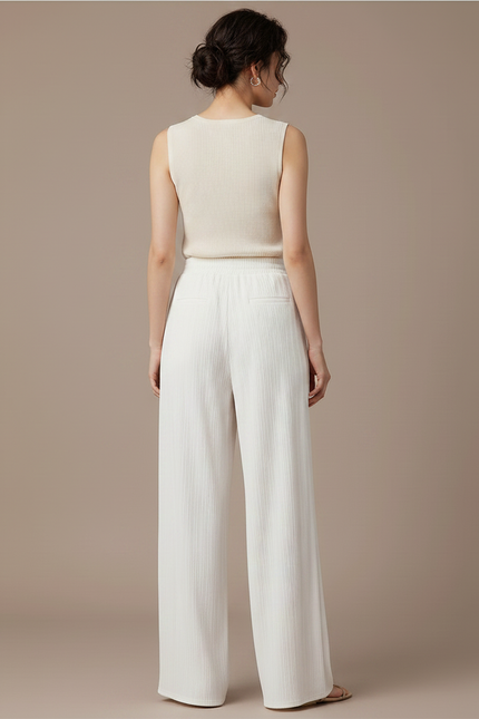 Pantalon Fluide Blanc Plissé Ample Taille Haute Décontracté - Polyester - vue 2
