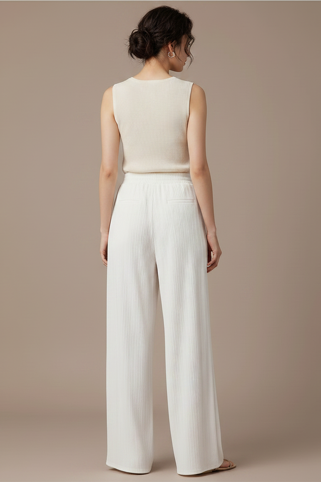 Pantalon Fluide Blanc Plissé Ample Taille Haute Décontracté - Polyester - vue 2
