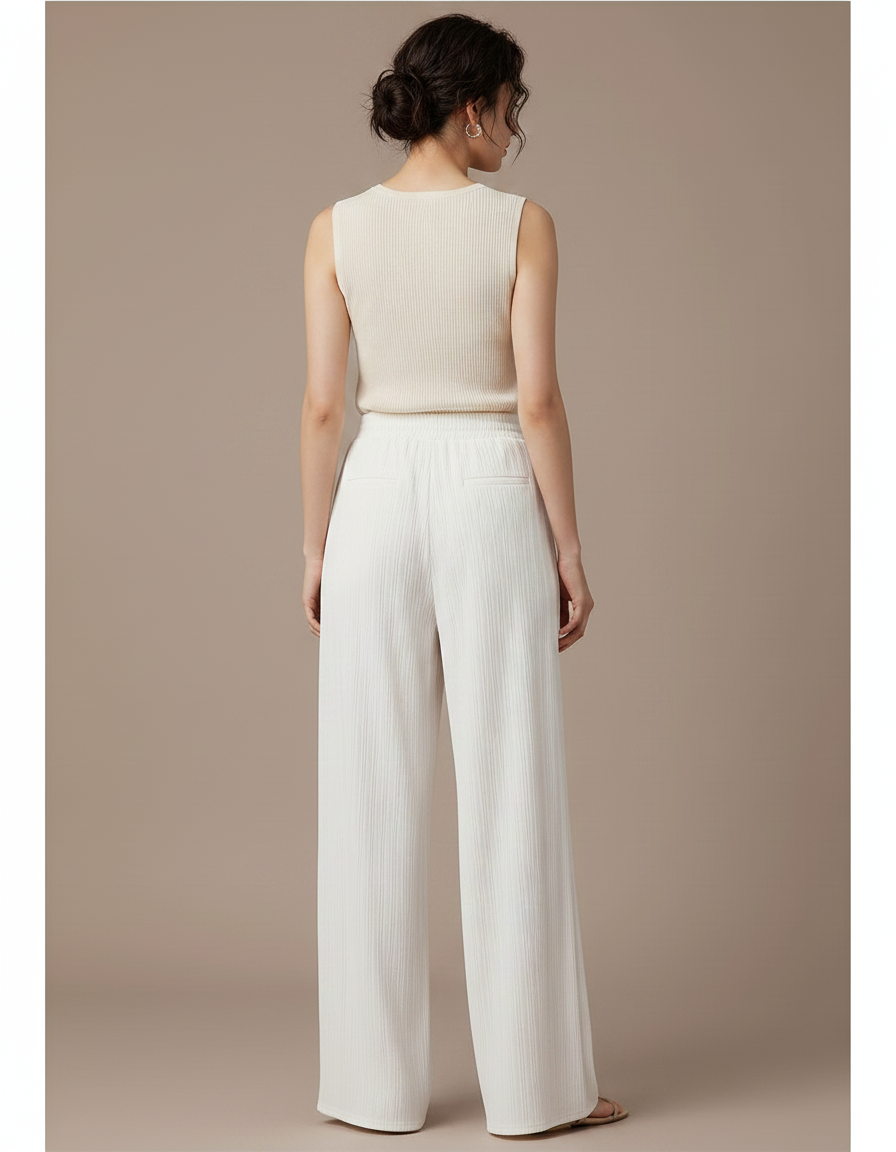 Pantalon Fluide Blanc Plissé Ample Taille Haute Décontracté - Polyester - vue 2