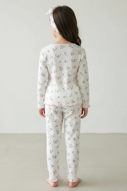 Pantalon Fluide Blanc Côtelé Floral Rose Enfant - Maille