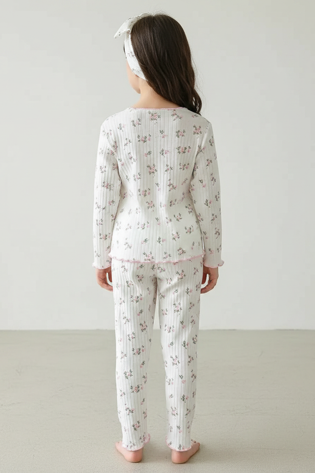 Pantalon Fluide Blanc Côtelé Floral Rose Enfant - Maille