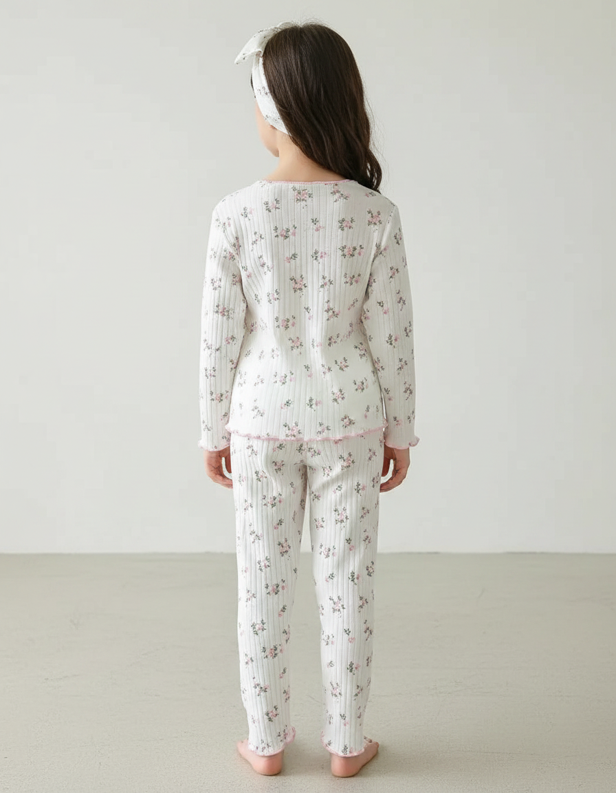 Pantalon Fluide Blanc Côtelé Floral Rose Enfant - Maille