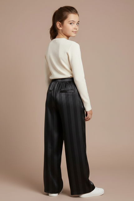 Pantalon Fluide Noir Rayé Satiné Ample Fille - vue 2