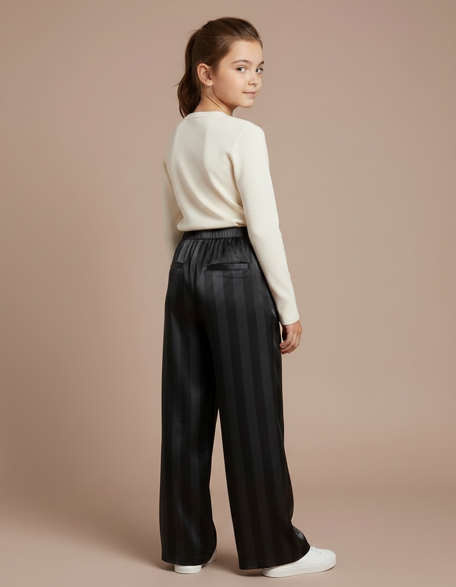 Pantalon Fluide Noir Rayé Satiné Ample Fille - vue 2