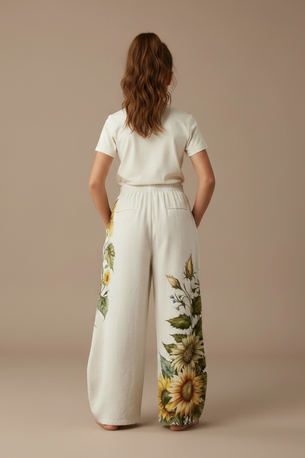 Pantalon Fluide Écru Ample Imprimé Tournesols Botanique Fille - Beige Lin - vue 2