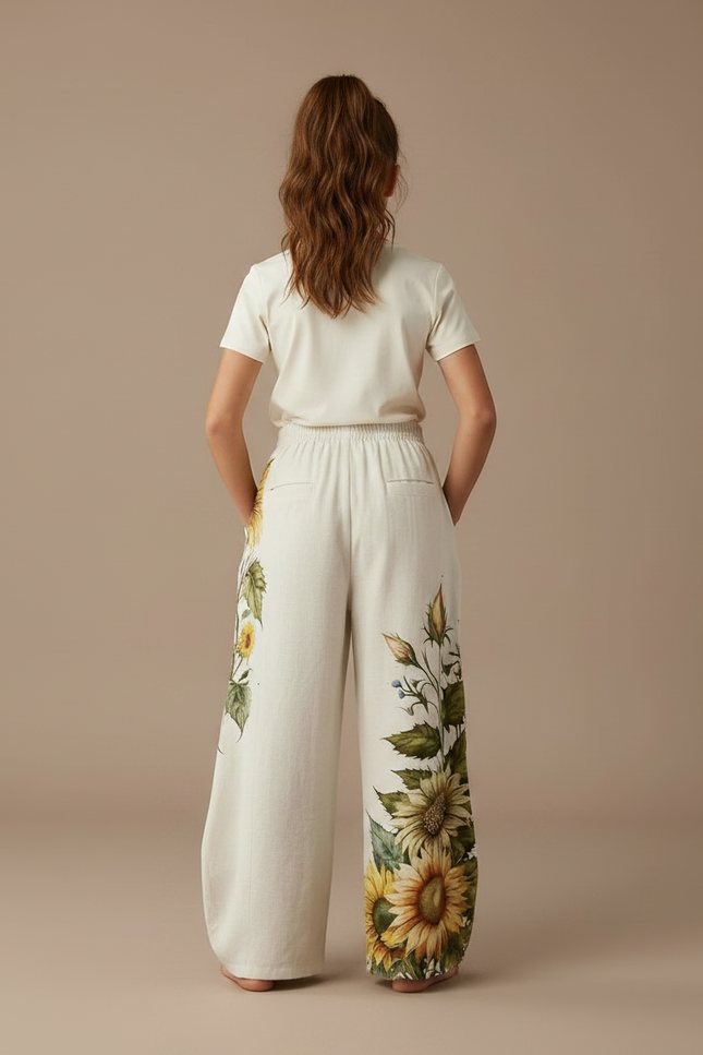 Pantalon Fluide Écru Ample Imprimé Tournesols Botanique Fille - Beige Lin - vue 2