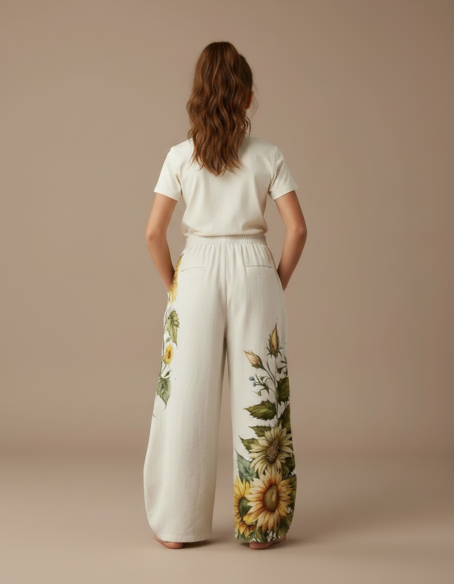 Pantalon Fluide Écru Ample Imprimé Tournesols Botanique Fille - Beige Lin - vue 2