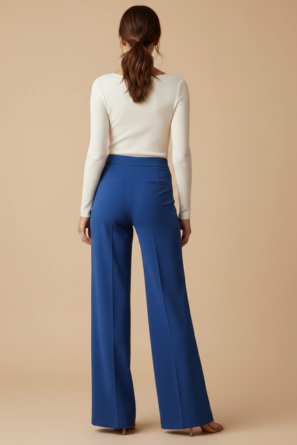Pantalon Fluide Bleu Évasé Taille Haute Élégant Femme - Polyester - vue 2